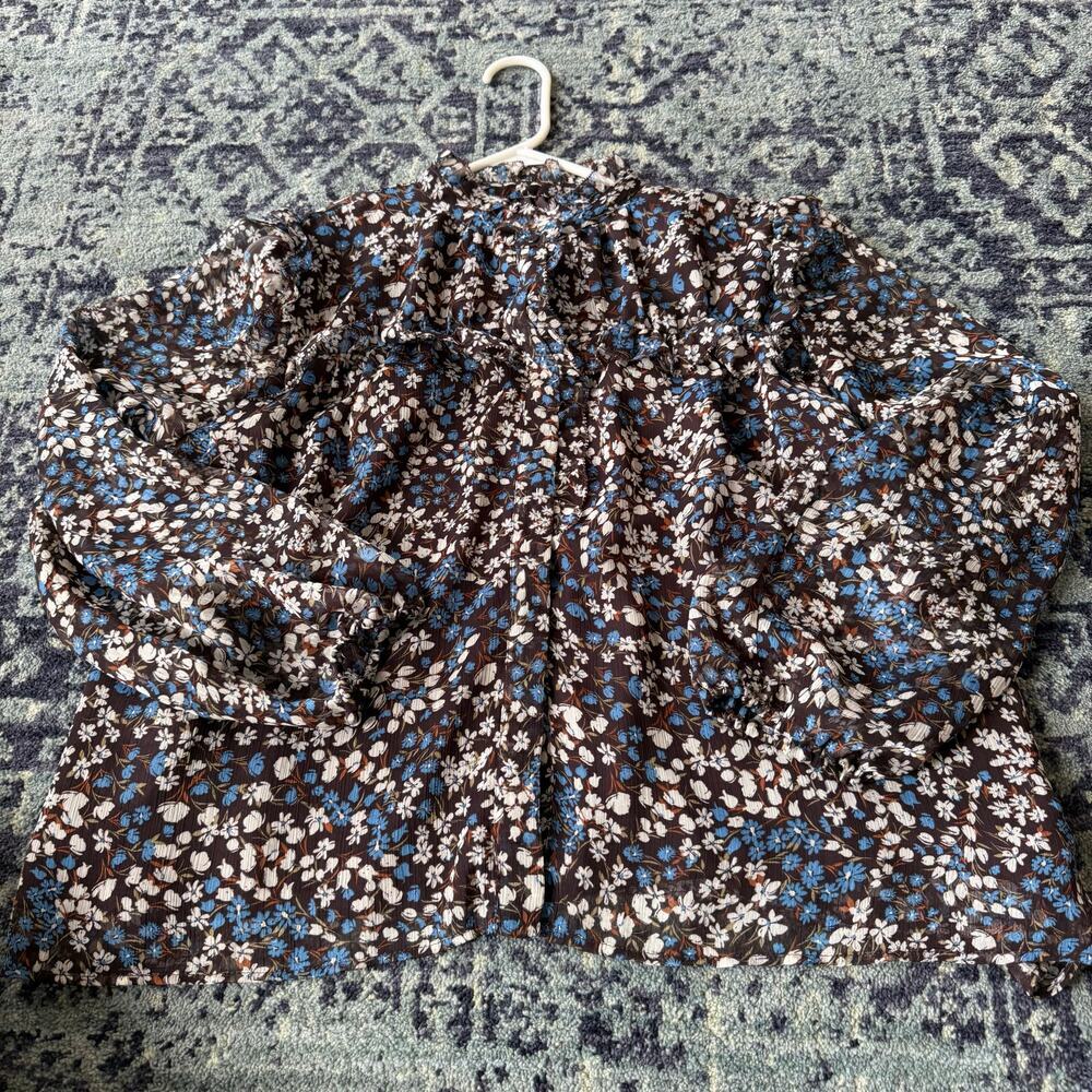 Mango Brown Blue & White Floral Ruffled Long Sleeve Blouse Preppy Summer | Sz 4 - Picture 4 of 12